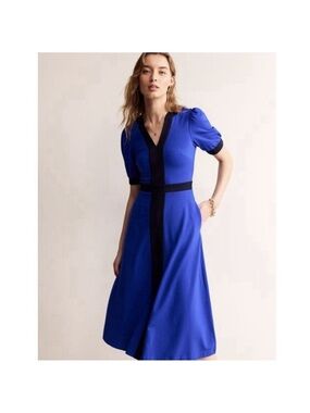 💙NWT Boden Philippa Ponte Blue Black Color-block Puff Sleeve Midi Dress 12P💙